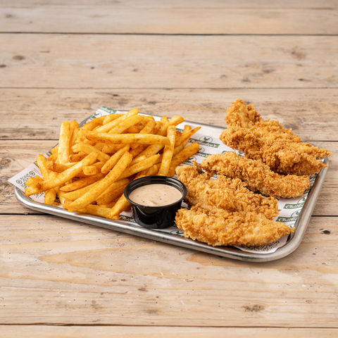 Fried Chicken Tenders with Seasoned French Fries and Chickadee's Special Homemde Sauce