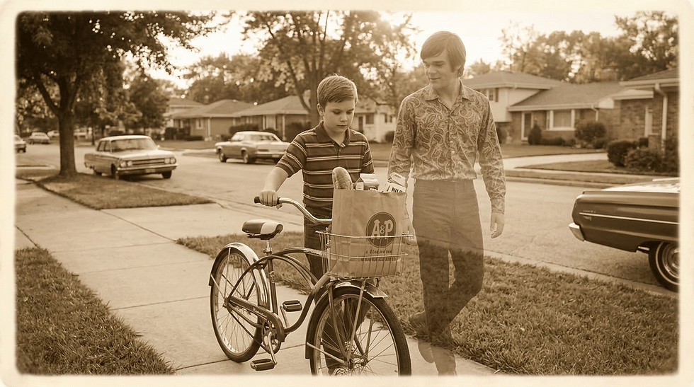 Bringing home a new bike when we had no money, of course one of our friends gave it to us. We were only painting it because we hated the color it had been. Bringing home food from the grocery store without a bag to put it in was the way kids were always sent packing after checkout. Come on dad, with what money did we purchase this food?