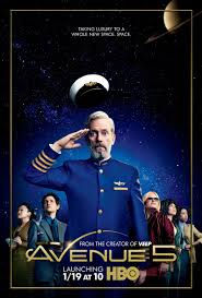 THe captain of the space cruise ship is making a salute with members of the crew and passengers behind him looking out to the side. His captain hat is floating above him, the background is a view of space, and Saturn is behind them on the right.