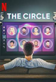 Poster for the netflix show the circle (USA). There is a person with short hair sitting on a couch facing a tv that has the "circle" network contestants use on the show. On the network/tv are headshots of the contestants' profile pictures as they would be on the show's social network.