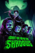 Poster for the FX show What We Do In The Shadows. 4 Vampires are hissing towards the camera while the familiar is behind them. A bat shadow is behind the familiar. The title is in a neon green & there are green, blue, and purple tones throughout.