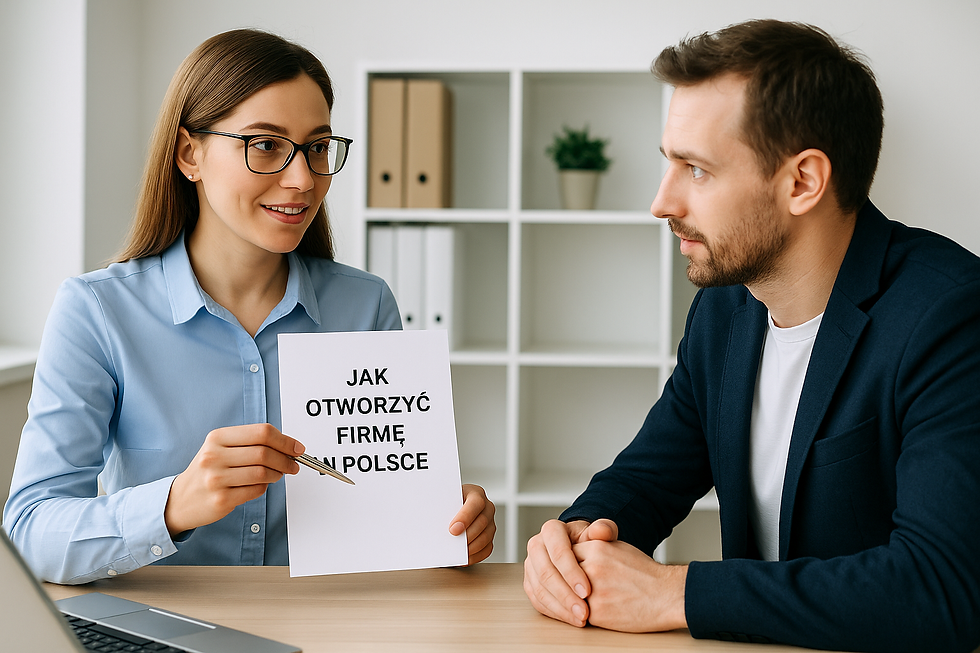 Фахівець з відкриття ФОП у Польщі консультує українського бізнесмена, тримаючи в руках документи з інформацією про реєстрацію бізнесу.