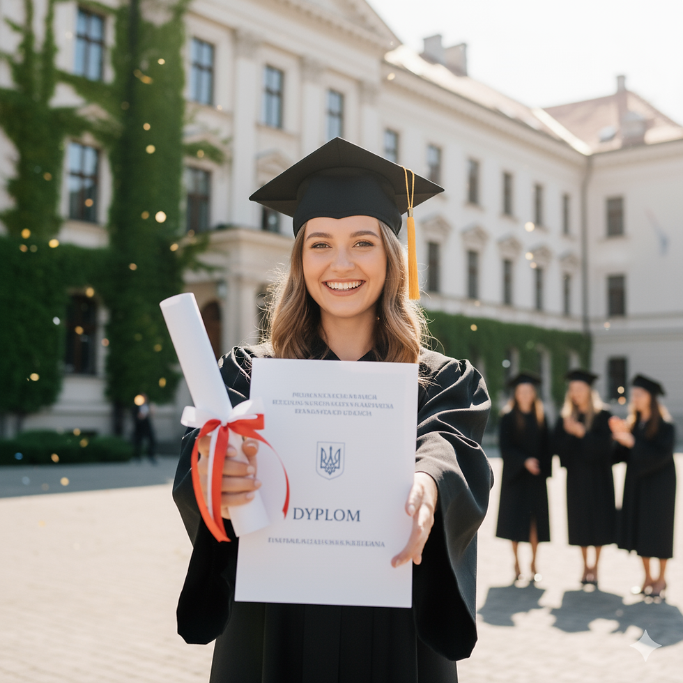 «Українська студентка, яка завершила навчання в Польщі для українців, тримає в руках диплом і радісно посміхається.