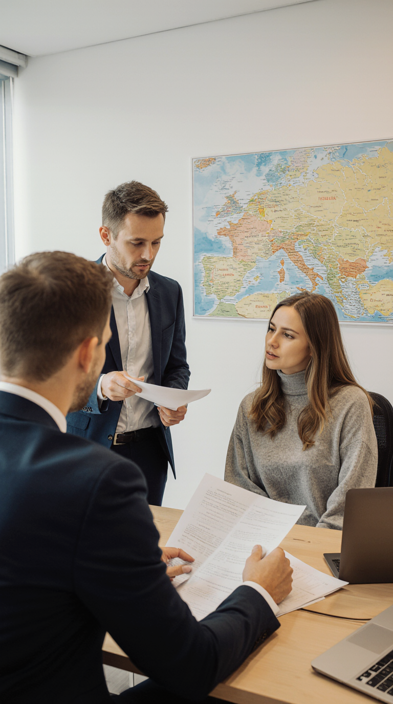 Молода пара консультується з фахівцем з легалізації іноземців у Польщі, яка тримає в руках карту побиту та пояснює деталі оформлення документів.