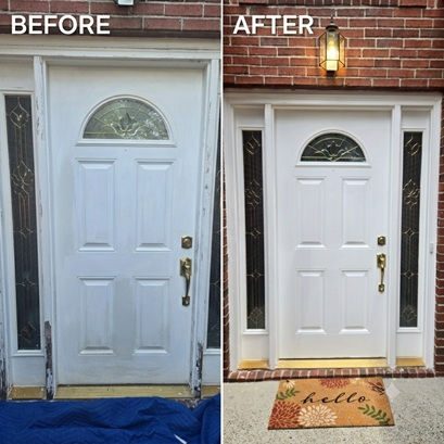 Total entryway door restoration in Braselton. Removed severe wood rot, peeling paint, deteriorated trim, and years of weather exposure.
