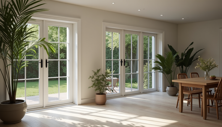 High angle view of newly installed French doors with glass panels in a Flowery Branch home