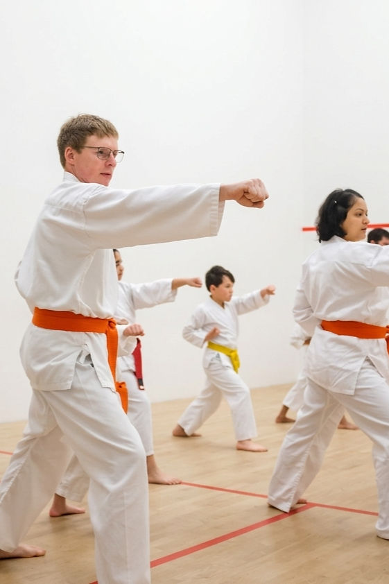Adults and children in a family karate class