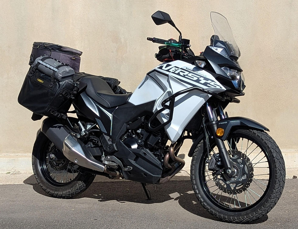 A white adventure motorcycle