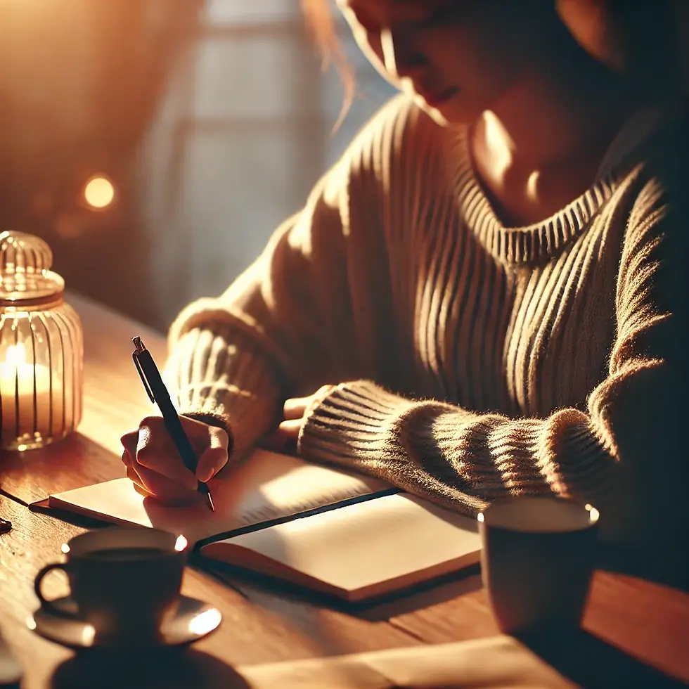 Woman writing in a notebook by candlelight, wearing a cozy sweater. Warm, serene atmosphere with soft lighting on a wooden table.