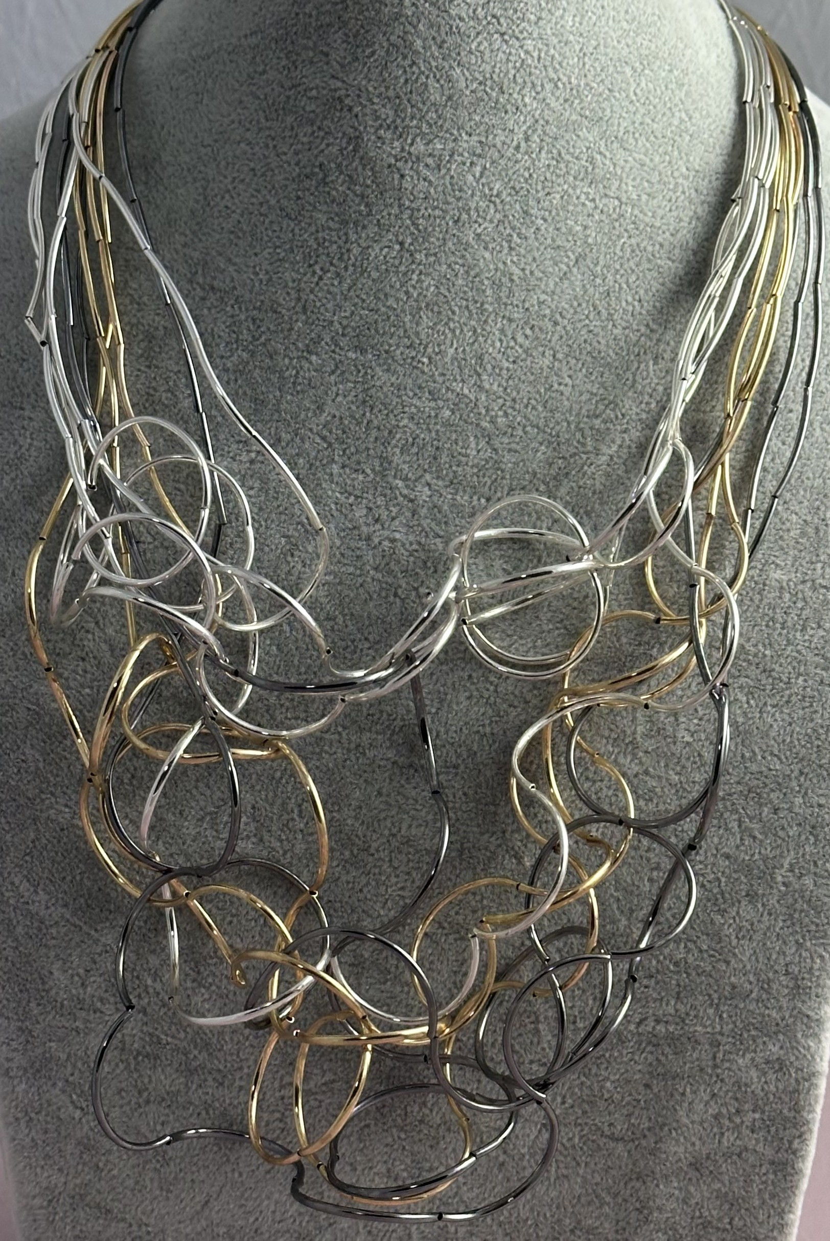 Gold, Grey and Silver Thin Loops Long Necklace