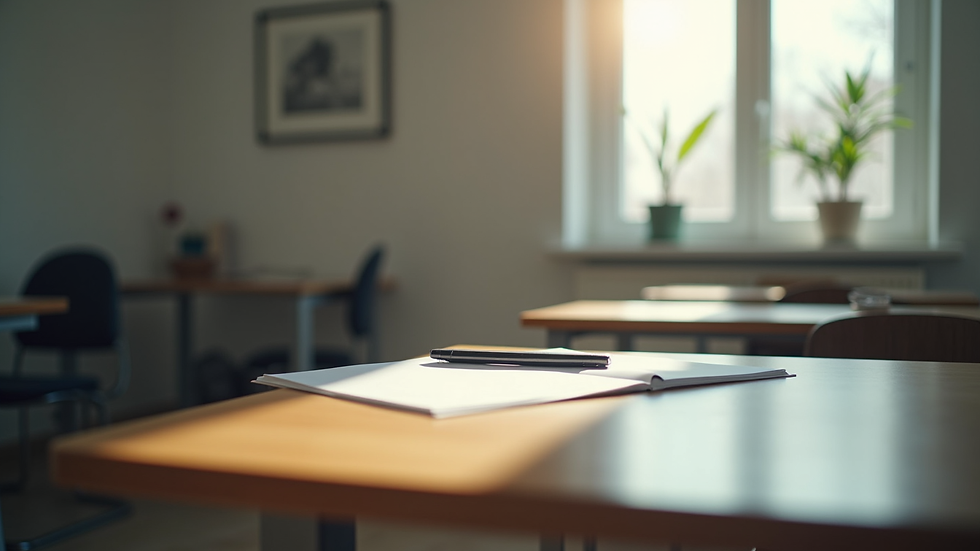 Eye-level view of a quiet study room with a desk and learning materials