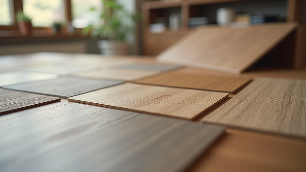 Close-up view of various flooring samples laid out on a table