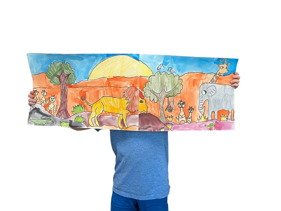 High angle view of a classroom wall decorated with colorful children’s drawings