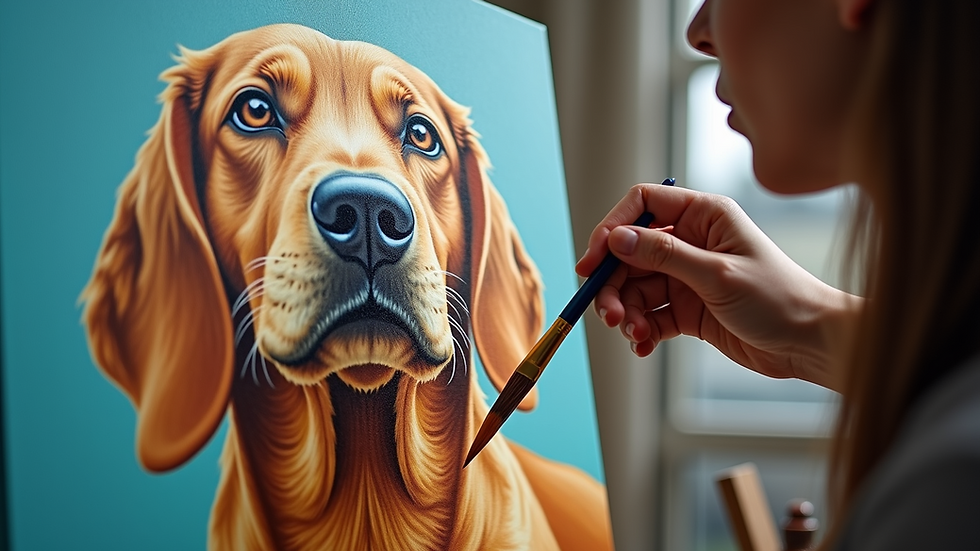Close-up view of a dog oil painting in progress, showcasing vibrant colors and brush strokes