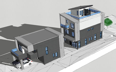 Aerial rendering showing the site organization with a front duplex building, a rear single family building, and lane accessed parking between and beside the structures.