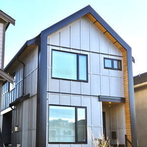 Northeast angled view of the narrow lot house showing the gable roof form, vertical accent cladding, and large glazing along the front façade.