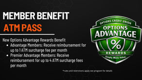 Text promoting member benefits for ATM pass. Options Advantage logo. Reimbursement details for Advantage and Premier members on black background.
