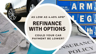 Car refinancing ad with a vehicle, gas prices, receipts, and an insurance policy. Text reads "Refinance with options. As low as 4.40% APR."