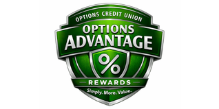 Green shield logo with silver text: "OPTIONS ADVANTAGE" and "%" symbol. Reads "OPTIONS CREDIT UNION" and "REWARDS: Simply. More. Value."