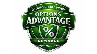 Green shield logo with silver text: "OPTIONS ADVANTAGE" and "%" symbol. Reads "OPTIONS CREDIT UNION" and "REWARDS: Simply. More. Value."
