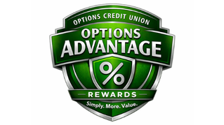 Green shield logo with silver text: "OPTIONS ADVANTAGE" and "%" symbol. Reads "OPTIONS CREDIT UNION" and "REWARDS: Simply. More. Value."