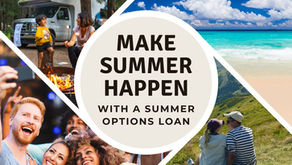 Summer collage of camping, partying and beach scenes with bold text: MAKE SUMMER HAPPEN WITH A SUMMER OPTIONS LOAN