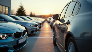 Eye-level view of a car dealership lot with various cars parked