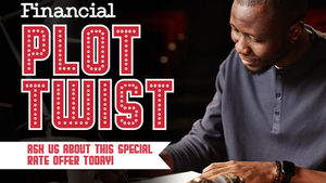 Man writes at a desk beside a laptop and lamp in a credit card ad, with bold text offering 3.99% APR for 24 months.