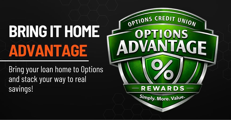 Text-based ad with a green shield logo for Options Credit Union. Promotes loan savings. Text: "Bring it home advantage. Rewards."