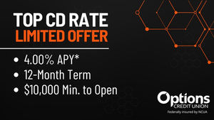 Black ad for Options Credit Union promoting a top CD rate: 4.00% APY, 12-month term, $10,000 minimum, with orange hexagon graphics.