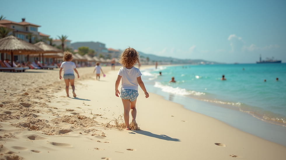 High angle view of a family-friendly beach resort with kids playing in the sand