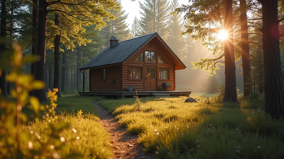 Eye-level view of a cozy family cabin surrounded by trees and soft sunlight