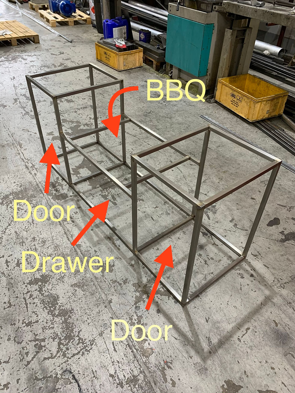Metal outdoor kitchen frame with BBQ and storage labels.