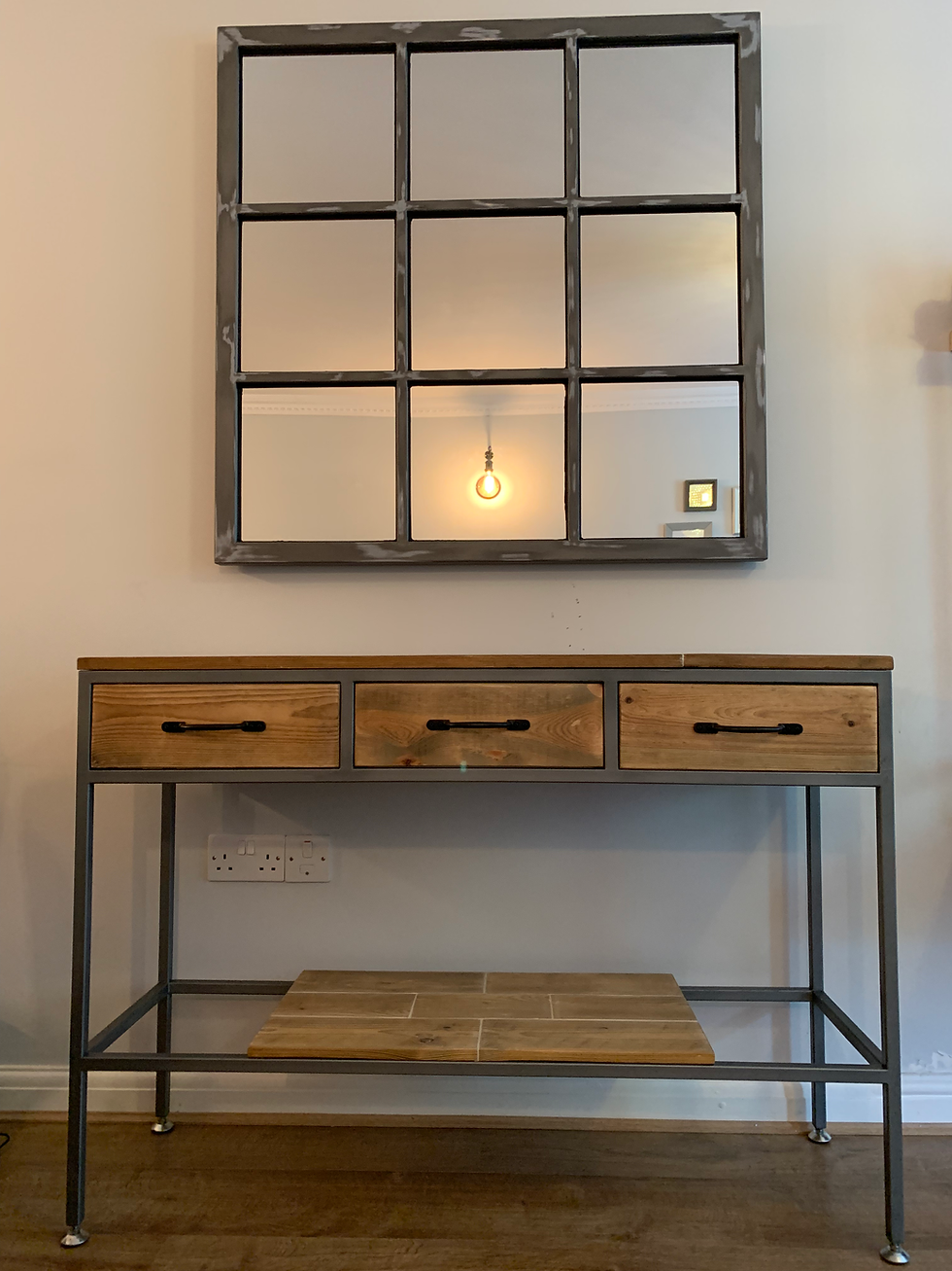 Industrial console table and grid mirror by MK Metalcraft