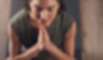 Woman, praying and hands for yoga meditation, wellness and calm exercise for top view or h