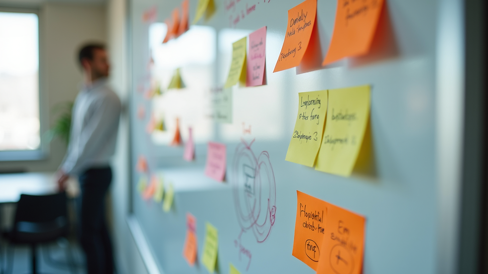 High angle view of a whiteboard filled with colorful sticky notes and diagrams in a team meeting room