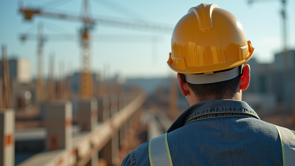 Eye-level view of a worker wearing full PPE safety equipment on a construction site