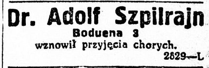 Press note about Dr. Adolf Szpilrajn's medical practice in Warsaw