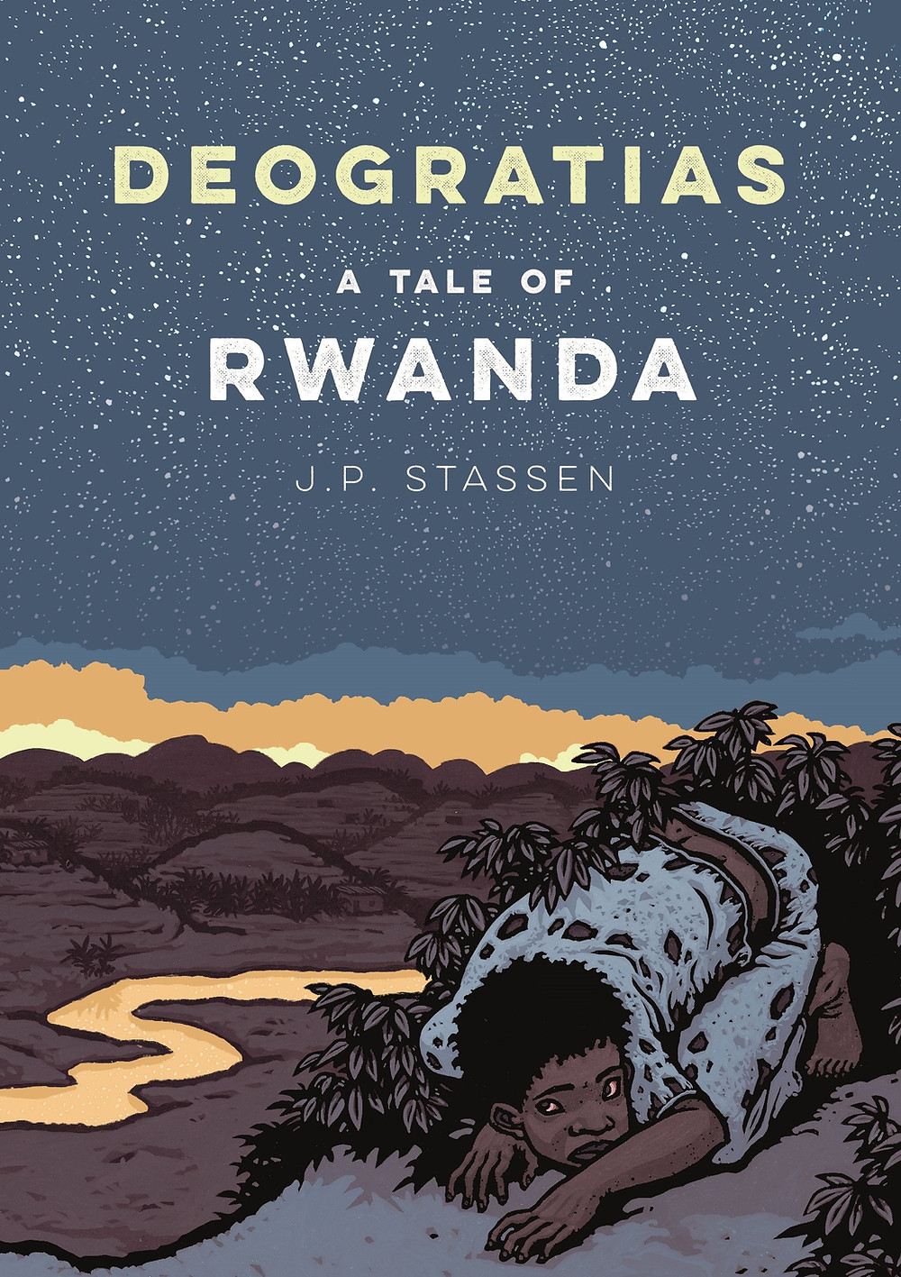 A book cover of a boy cowering near a river as though in fear.
