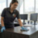 Professional janitorial cleaner disinfecting an office desk using a microfiber cloth in a commercial office environment.