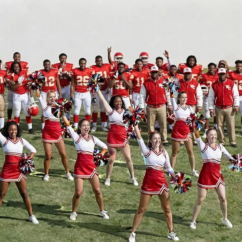 Digital illustration of cheerleaders in red and white uniforms and American football players on a field, exuding team spirit and ready for a game.