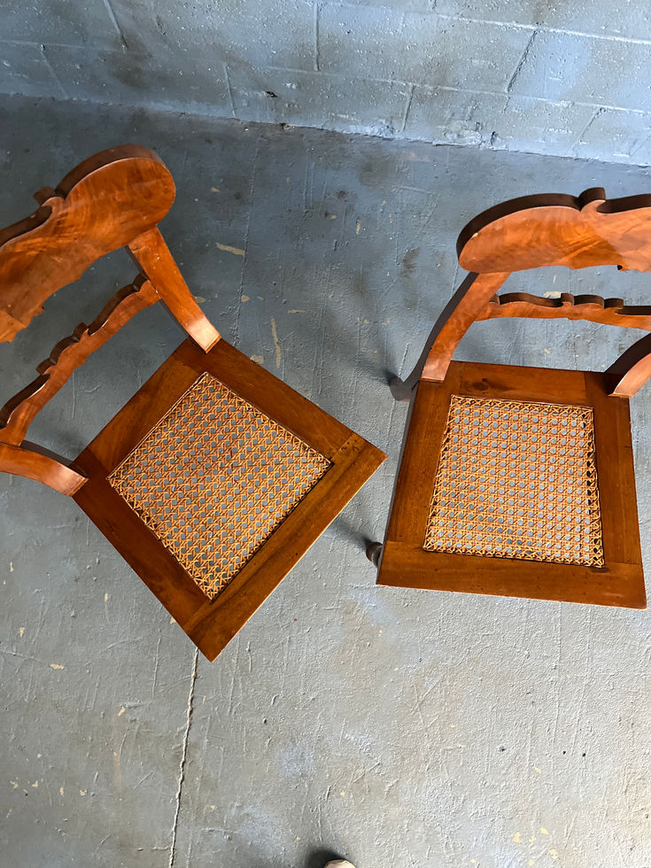 19th C. Book Matched Inlaid Walnut Dining Chairs with Cane Seat Set of 6