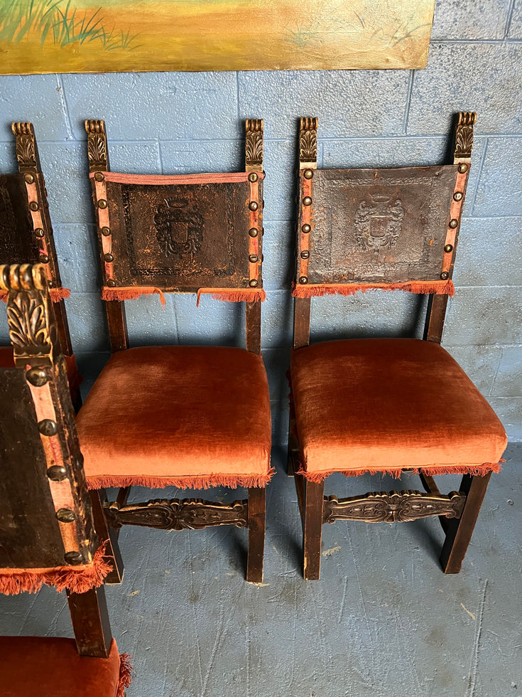 8 Venetian Dining Chairs Circa 1900 Rustic Leather Velvet & Oversized Nail Heads