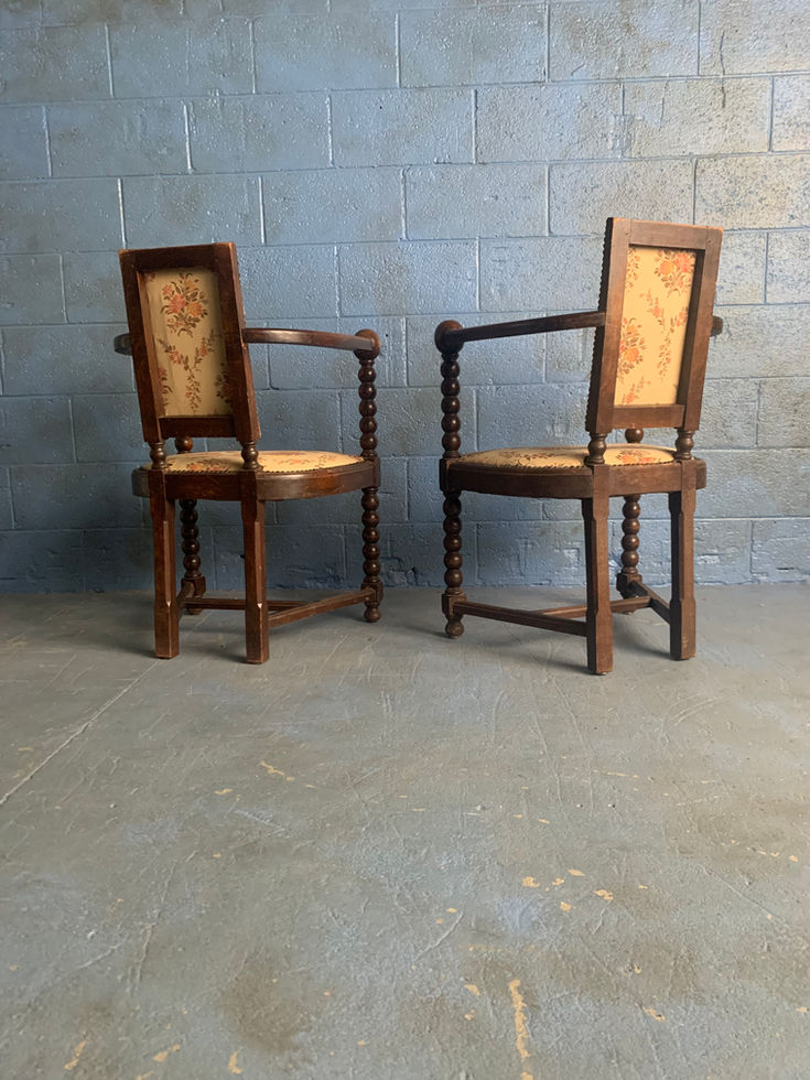 1930's Neo-Basque French Carved Wood Armchairs Set of 2