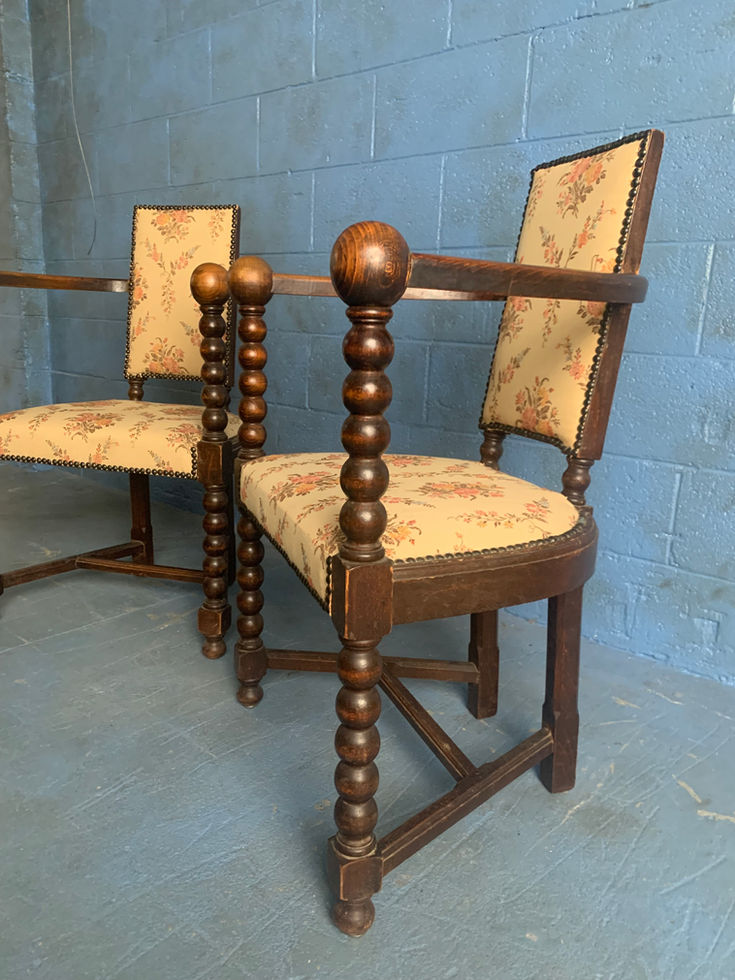 Set of 2 1930's Neo-Basque French Carved Wood Armchairs