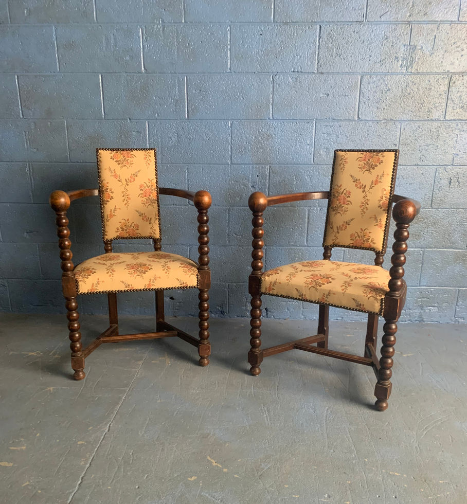 Set of 2 1930's Neo-Basque French Carved Wood Armchairs
