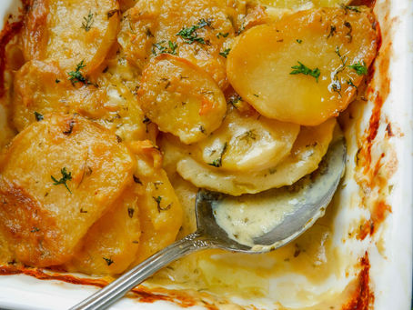 Baked Scalloped Potatoes in Creamy Lemon Dill Sauce (Vegan Recipe)