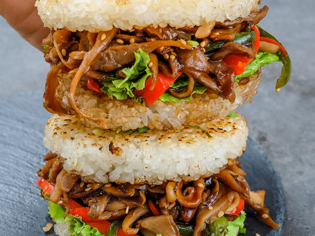 Toasted Teriyaki Mushroom Rice Burgers