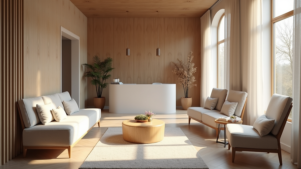 High angle view of a wellness studio reception area with comfortable seating