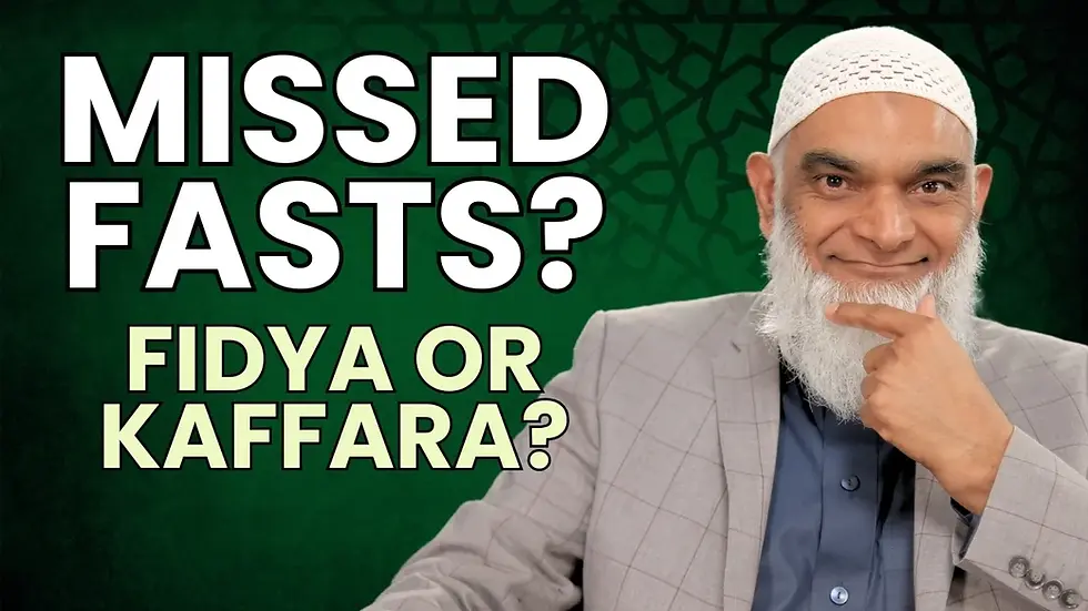 Dr. Shabir Ally in front of a green geometric backdrop discussing missed fasts and the rulings of fidya and kaffara.